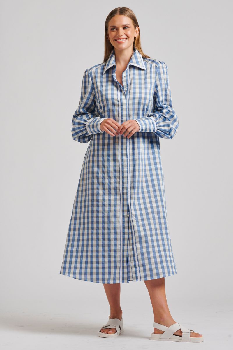 Octavia Longline Shirtdress- pale blue gingham