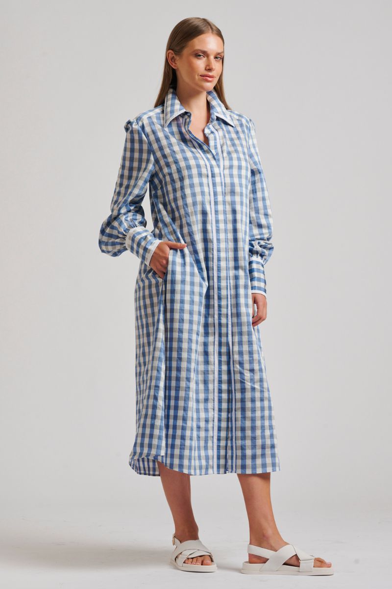 Octavia Longline Shirtdress- pale blue gingham