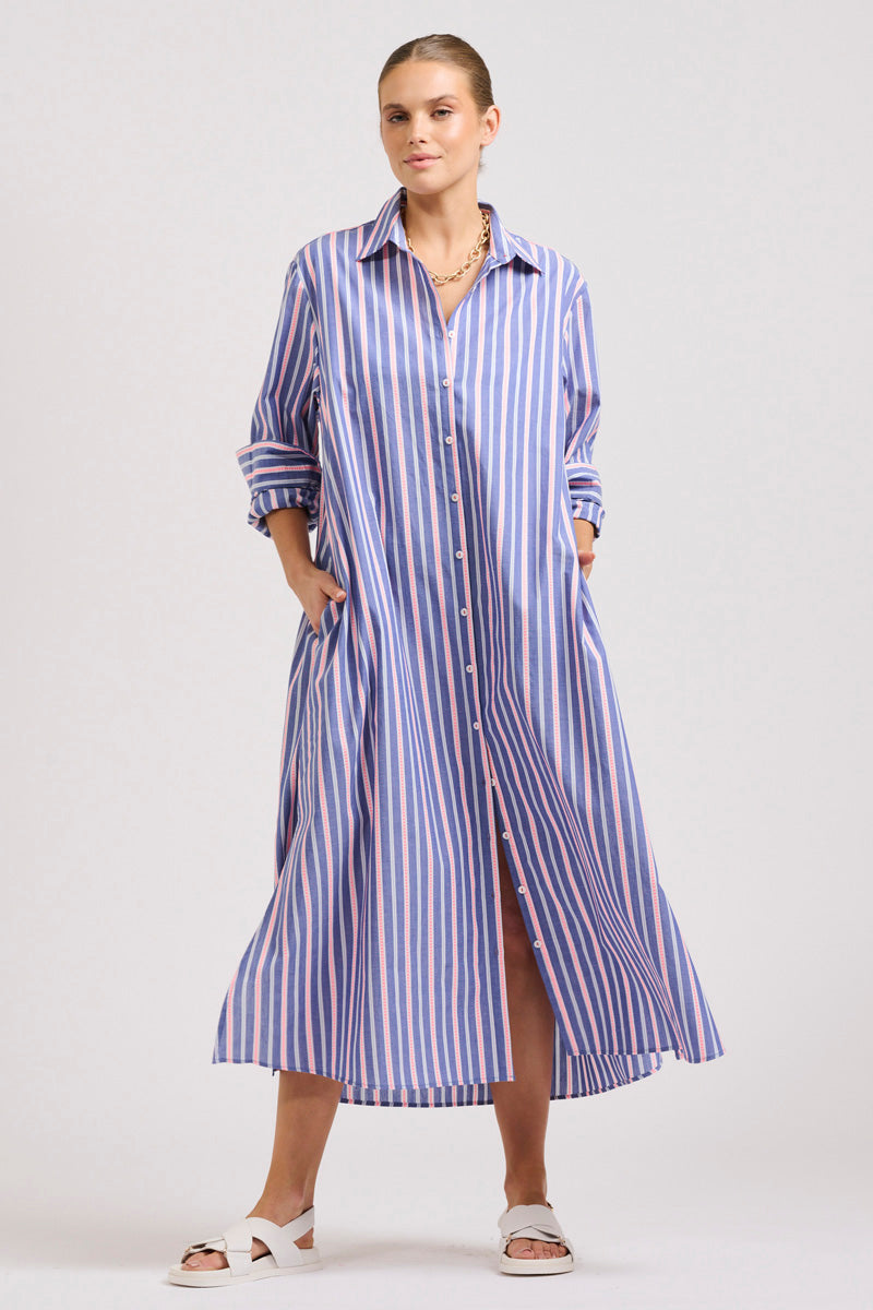The Luna Oversized Linen Long Shirtdress - Chambray Pink Stripe