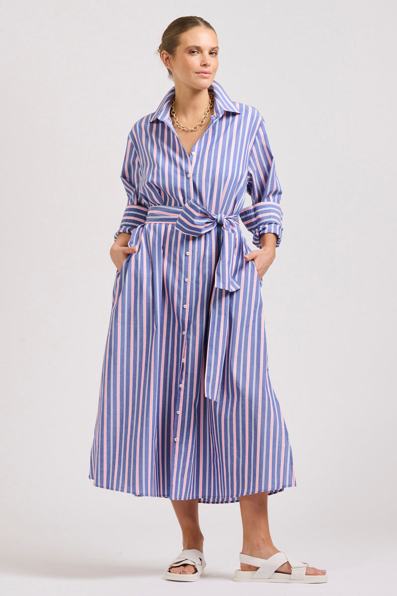 The Luna Oversized Linen Long Shirtdress - Chambray Pink Stripe