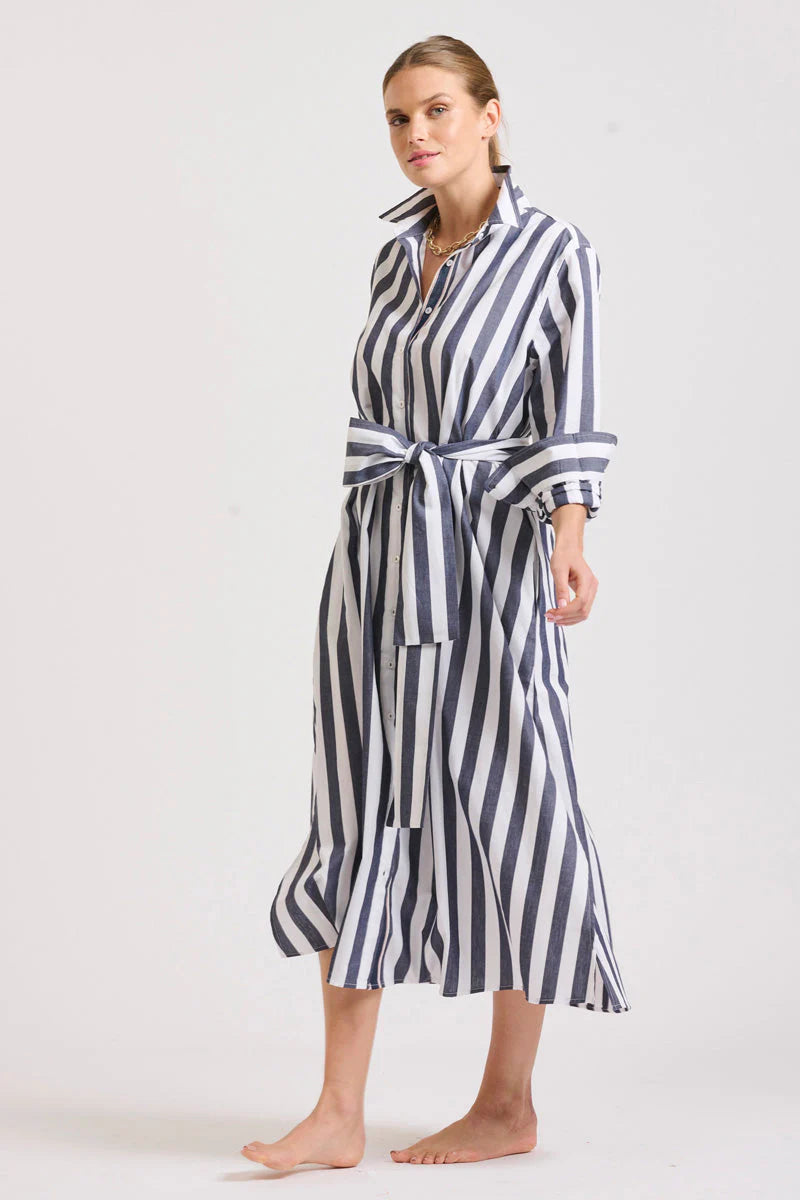 Pippa Oversized Longline Shirtdress - Navy Wide Stripe
