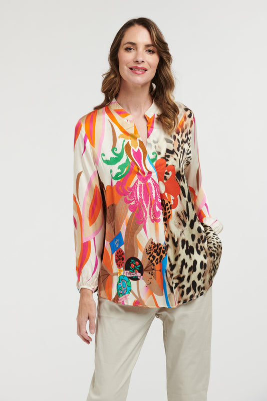 Floral & Leopard print shirt -cream