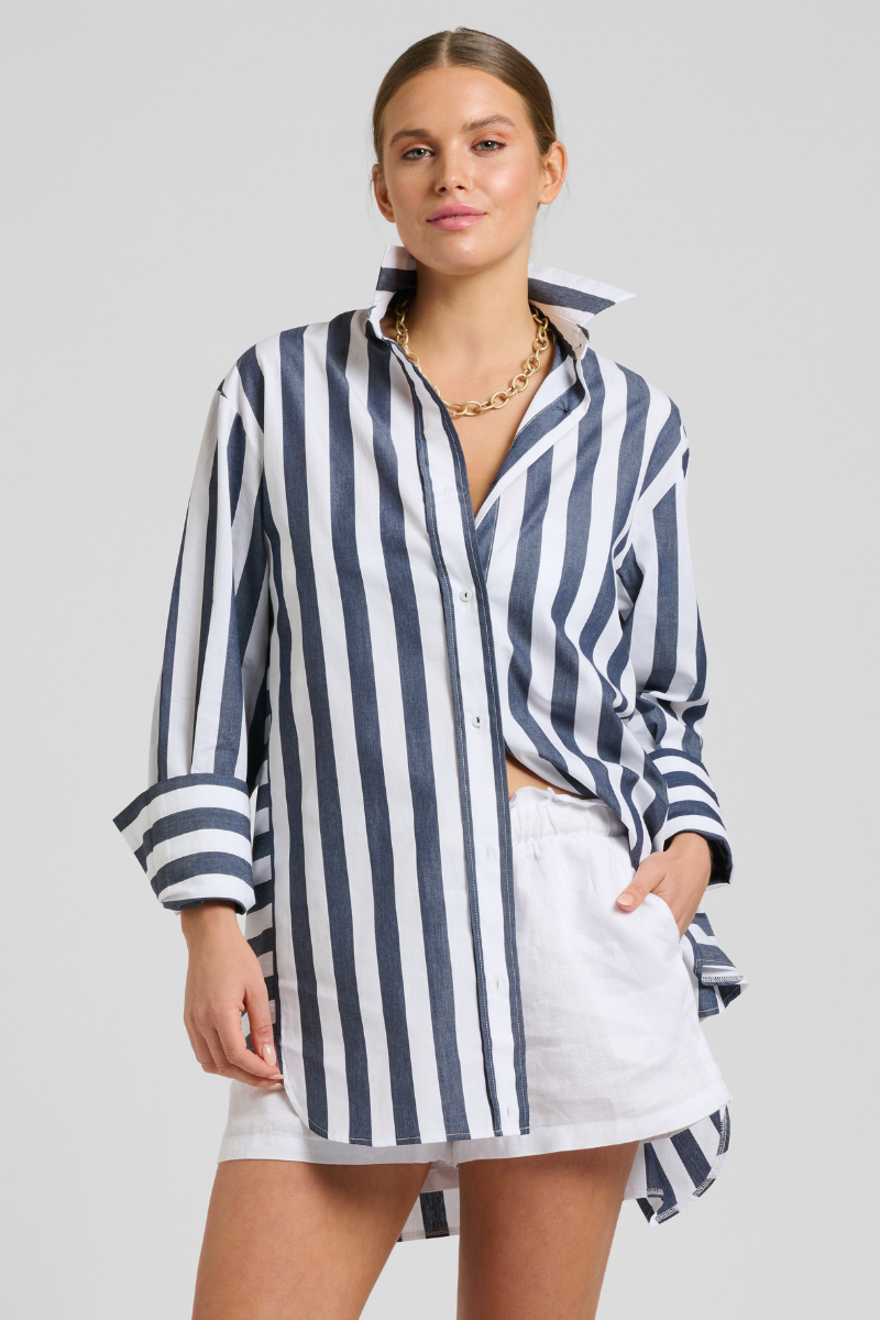 Andrea Oversized Boyfriend Shirt - Navy Wide Stripe