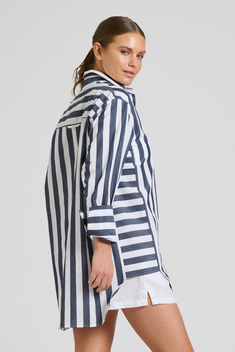 Andrea Oversized Boyfriend Shirt - Navy Wide Stripe