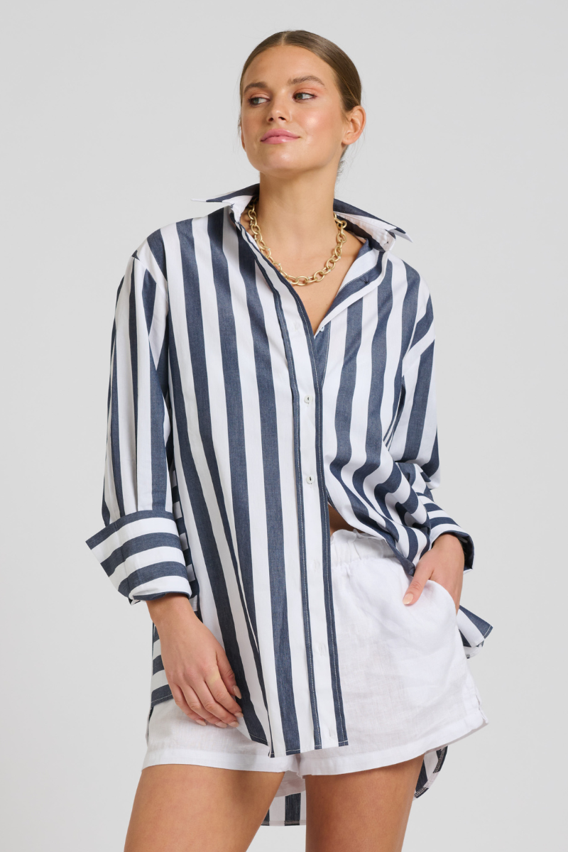 Andrea Oversized Boyfriend Shirt - Navy Wide Stripe