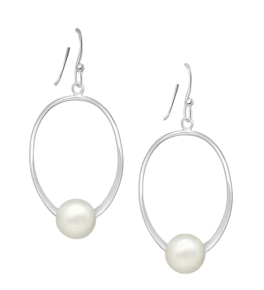 Oval Loop Earrings - Sterling Silver and Freshwater Pearl