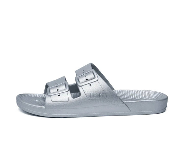 Freedom Moses Metallic Silver Slides Lisa Kennedy Collections